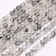 Natural Black Rutilated Quartz Beads Strands, Faceted, Round, 3mm, Hole: 0.5mm, about 130pcs/strand, 15.3 inch(39cm)(G-F509-34-3mm)