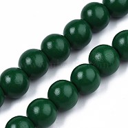 Spray Painted Natural Wood Beads Strands, Round, Dark Green, 15~16x14~15mm, Hole: 3.5~4.5mm, about 25pcs/strand, 14.33 inch~14.53 inch(36.4cm~36.9cm)(WOOD-S053-57C)