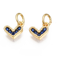 Brass Micro Pave Cubic Zirconia Charms, with Jump Ring, Heart, Real 16K Gold Plated, Nickel Free, Dark Blue, 8x8x2mm, Jump Ring: 5x1mm, 3mm inner diameter(KK-N227-33G-05-NF)