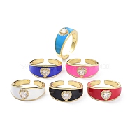 Heart Clear Cubic Zirconia Wide Band Ring for Girl Women, Real 18K Gold Plated Brass Enamel Open Cuff Ring, Mixed Color, US Size 7 1/4(17.5mm)(ZIRC-C025-48G)