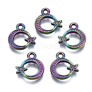 Alloy Charms, Cadmium Free & Nickel Free & Lead Free, Moon with Star, Rainbow Color, 12x11x1.5mm, Hole: 1.6mm(PALLOY-N163-003-NR)
