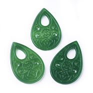 Carved Natural White Jade Pendants, Dyed, Teardrop, Green, 41~41.5x27x2~3mm, Hole: 1.2~1.4mm(G-L495-41B)