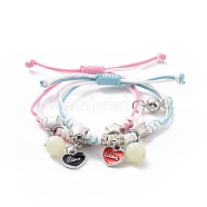 2Pcs 2 Color Luminous Beads & Alloy Enamel Charms Bracelets Set, Glow In The Dark Magnetic Charms Couple Bracleets for Best Friends Lovers, Heart Pattern, 5-7/8~11-3/4 inch(15~30cm), 1Pc/color(VALE-PW0001-028A)