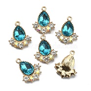 Glass Rhinestone Pendants, with Light Gold Plated Zinc Alloy Findings, Teardrop Charms, Indian Pink, 20x16x5mm, Hole: 1.5mm(FIND-TAC0017-07LG-02)