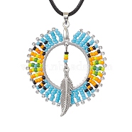 Boho Style Glass Seed Beads & Feather Alloy Pendant Necklaces, Waxed Cotton Cord Neckalces for Women, Deep Sky Blue, 17.40 inch(44.2cm)(NJEW-MZ00041)