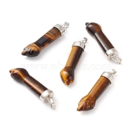 Natural Tiger Eye Pendants, with Platinum Tone Brass Findings, Figa Hand Shapes, 43~48x12x8.6mm, Hole: 8x4.6mm(G-K322-01E)