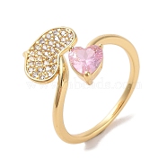Brass Micro Pave Cubic Zirconia Open Cuff Rings, Heart, Light Gold, US Size 7 1/2(17.7mm)(RJEW-K263-08G)