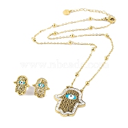 Hamsa Hand with Evil Eye Resin & Rhinestone Stud Earrings & Pendant Necklaces Sets, 304 Stainless Steel Jewelry Sets for Women, Golden, 450mm(SJEW-M100-06G)