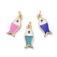 Cubic Zirconia Charms, with Brass Findings and Enamel, Fish, Golden, Mixed Color, 14.5x6x2mm, Hole: 1.8mm(KK-G363-07G)