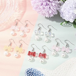 Bowknot Transparent Spray Painted Glass Dangle Earrings, with Shell Pearl Beads and 304 Stainless Steel Earring Hooks for Women, Stainless Steel Color, Mixed Color, 43.5x14mm(EJEW-JE06353)