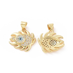 Brass Micro Pave Cubic Zirconia Pendants, Evil Eye Charm, Golden, 22x18x3mm, Hole: 5x3mm(ZIRC-P106-17G)