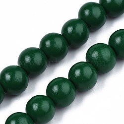 Spray Painted Natural Wood Beads Strands, Round, Dark Green, 15~16x14~15mm, Hole: 3.5~4.5mm, about 25pcs/strand, 14.33 inch~14.53 inch(36.4cm~36.9cm)(WOOD-S053-57C)