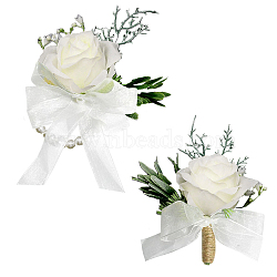Silk Ribbon Brooches & Wrist, with Silk Cloth Imitation Flower and Pearl Stretch Bracelets, for Wedding, Party Decorations, White, 155~185x108~109x54~60mm(AJEW-WH0285-23)