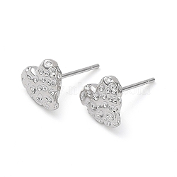 Brass Stud Earrings, Textured Heart, Real Platinum Plated, 7.5x8mm(KK-C031-30P)