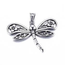 304 Stainless Steel Pendants, Dragonfly, Antique Silver, 26x40x3.5mm, Hole: 5.5x6mm(X-STAS-E140-E07)