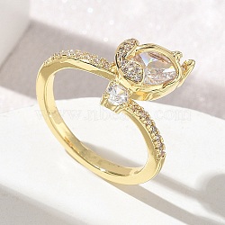 Brass Micro Pave Cubic Zirconia Cuff Open Rings, Tulip Flower, Golden, US Size 7 1/4(17.5mm)(CU-CBAEC29-08G)