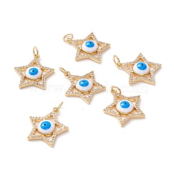 Brass Micro Pave Clear Cubic Zirconia Pendants, with Enamel and Jump Ring, Long-Lasting Plated, Lead Free & Cadmium Free & Nickel Free, Star with Evil Eye, Real 18K Gold Plated, 19.5x18x4mm, Hole: 3.5mm(ZIRC-Z019-31G-NR)
