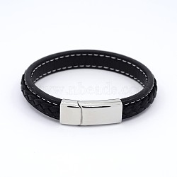 Unisex Casual Style Braided Leather Cord Bracelets, with 304 Stainless Steel Clasps, Black, 215x12x6mm(BJEW-F119-24)