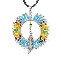 Boho Style Glass Seed Beads & Feather Alloy Pendant Necklaces, Waxed Cotton Cord Neckalces for Women, Deep Sky Blue, 17.40 inch(44.2cm)(NJEW-MZ00041)