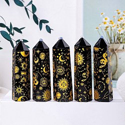 Natural Black Obsidian Pointed Prism Bar Home Display Decoration, Healing Stone Wands, for Reiki Chakra Meditation Therapy Decos, Moon Star Print Faceted Bullet, Gold, 50~60mm(G-PW0007-116A-01)