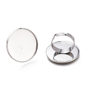 Adjustable 304 Stainless Steel Finger Rings Components, Pad Ring Base Findings, Flat Round, Stainless Steel Color, Tray: 25mm, 17.5mm