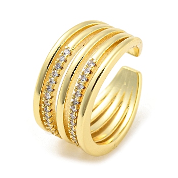 Brass Micro Pave Cubic Zirconia Open Cuff Ring, Multi Lines, Real 16K Gold Plated, Inner Diameter: 17.2mm