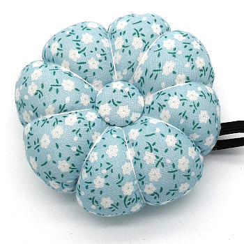 Flower Pattern Wrist Strap Pin Cushions, Pumpkin Shape Sewing Pin Cushions, for Cross Stitch Sewing Accessories, Pale Turquoise, 90mm