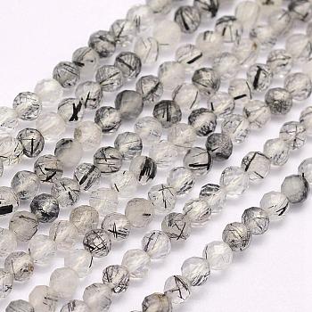 Natural Black Rutilated Quartz Beads Strands, Faceted, Round, 3mm, Hole: 0.5mm, about 130pcs/strand, 15.3 inch(39cm)