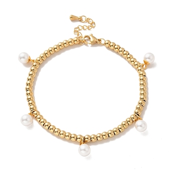 PVD Vacuum Plating 304 Stainless Steel Plastic Pearl Charm Bracelet with 201 Stainless Steel Round Beads for Women, Long-Lasting Plated, Golden, 8-5/8 inch(22cm)