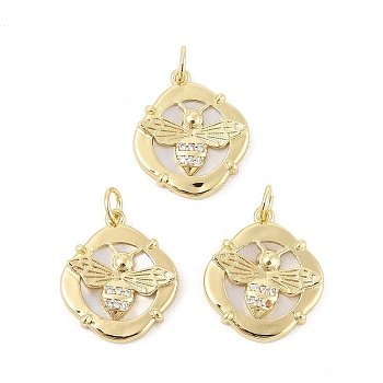 Brass Micro Pave Clear Cubic Zirconia Rhombus Pendants, Natural Shell Bee Charms, with Jump Rings, Rack Plating, Long-Lasting Plated, Lead Free and Cadmium Free, Real 18K Gold Plated, 18x15.5x3.5mm, Hole: 3.5mm