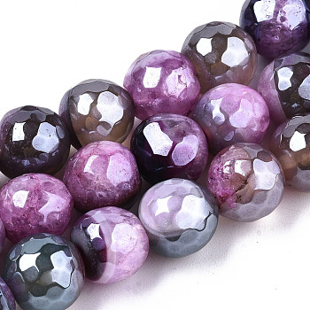 Electroplate Natural Agate Beads Strands, Dyed, Faceted, Pearl Luster Plated, Round, Colorful, 10.5mm, Hole: 1.2mm, about 36~37pcs/strand, 14.37 inch~14.57 inch(36.5cm~37cm)
