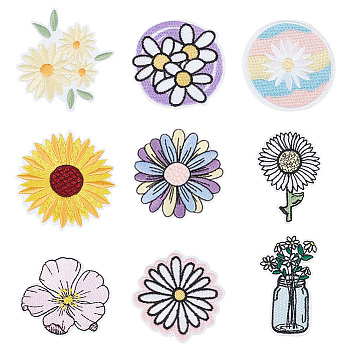 9Pcs 9 Styles Flower Pattern Computerized Embroidery Cloth Iron on Patches, Stick On Patch, Costume Accessories, Mixed Color, 54~62x36~64x1~2mm, 1pc/style
