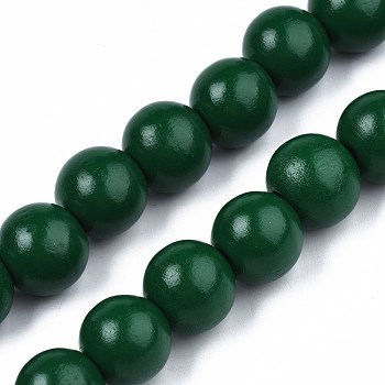 Spray Painted Natural Wood Beads Strands, Round, Dark Green, 15~16x14~15mm, Hole: 3.5~4.5mm, about 25pcs/strand, 14.33 inch~14.53 inch(36.4cm~36.9cm)