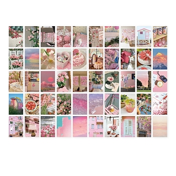 50Pcs 50 Styles Rectangle Paper Self Adhesive Stickers, Landscape Decorative Decals, for DIY Scrapbooking, Hot Pink, 100x50mm, 1pcs/style