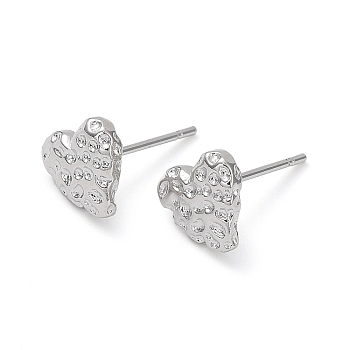 Brass Stud Earrings, Textured Heart, Real Platinum Plated, 7.5x8mm
