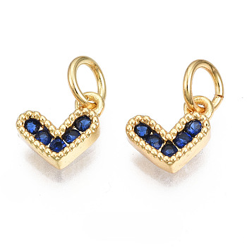 Brass Micro Pave Cubic Zirconia Charms, with Jump Ring, Heart, Real 16K Gold Plated, Nickel Free, Dark Blue, 8x8x2mm, Jump Ring: 5x1mm, 3mm inner diameter