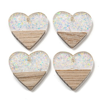 Wooden Pendants, Resin and Gold Foil, Heart, Clear AB, 24x25x4mm, Hole: 2mm