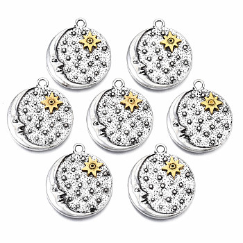 Tibetan Style Alloy Pendants, Cadmium Free & Nickel Free & Lead Free, Flat Round with Moon & Star, Rainbow Color, 25x21.5x3mm, Hole: 2mm