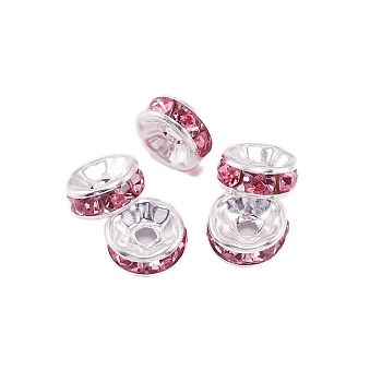 Rondelle Brass Rhinestone Spacer Beads, Light Rose, 10mm, Hole: 2.4mm