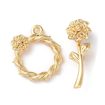 Brass Toggle Clasps, Flower, Real 18K Gold Plated, Ring: 18x16x4mm, Bar: 7x22x7.5mm, Hole: 1.5mm