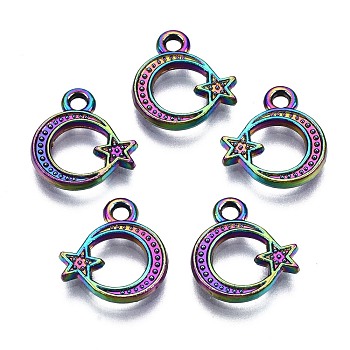 Alloy Charms, Cadmium Free & Nickel Free & Lead Free, Moon with Star, Rainbow Color, 12x11x1.5mm, Hole: 1.6mm