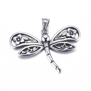 304 Stainless Steel Pendants, Dragonfly, Antique Silver, 26x40x3.5mm, Hole: 5.5x6mm