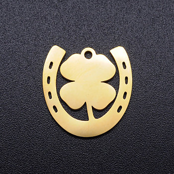201 Stainless Steel Pendants, Horseshoe with Clover, Golden, 17x16.5x1mm, Hole: 1.5mm