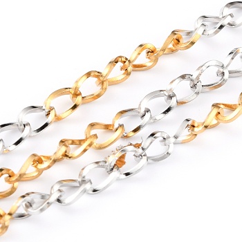 Two Tone 304 Stainless Steel Curb Chains, Twisted Chains, Unwelded, with Spool, Golden & Stainless Steel Color, 6x4x2mm, 32.8 Feet(10m)/roll
