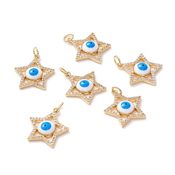Brass Micro Pave Clear Cubic Zirconia Pendants, with Enamel and Jump Ring, Long-Lasting Plated, Lead Free & Cadmium Free & Nickel Free, Star with Evil Eye, Real 18K Gold Plated, 19.5x18x4mm, Hole: 3.5mm