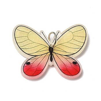 Opaque Acrylic Pendants, with Platinum Iron Jump Ring, Butterfly Charms, Yellow, 25x33.5x4mm, Hole: 5.2mm