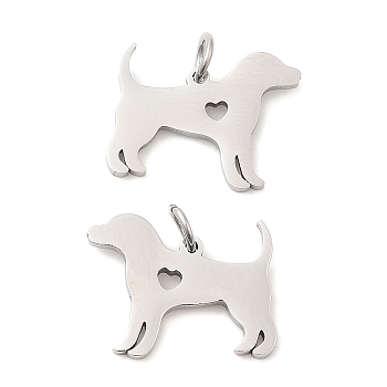 304 Stainless Steel Pendants, with Jump Ring, Dog Charm, Stainless Steel Color, 13.5x17x1.4mm, Hole: 3.2mm