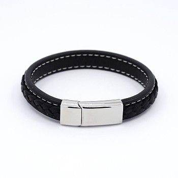 Unisex Casual Style Braided Leather Cord Bracelets, with 304 Stainless Steel Clasps, Black, 215x12x6mm