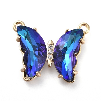 Brass Micro Pave Clear Cubic Zirconia Links, with Glass, Butterfly, Golden, Blue, 18x21.5x4.5mm, Hole: 1.4mm