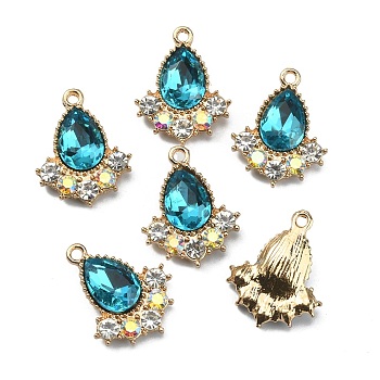 Glass Rhinestone Pendants, with Light Gold Plated Zinc Alloy Findings, Teardrop Charms, Indian Pink, 20x16x5mm, Hole: 1.5mm